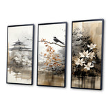 Asian Art Sumi Bird Serenity I - 3-Piece Canvas Wall Art