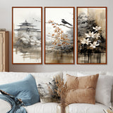 Asian Art Sumi Bird Serenity I - 3-Piece Canvas Wall Art