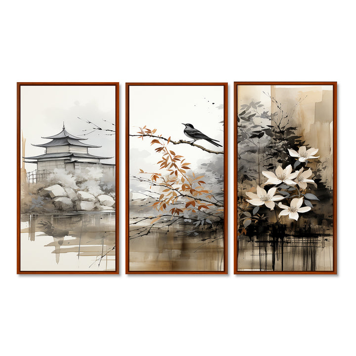 Asian Art Sumi Bird Serenity I - 3-Piece Canvas Wall Art