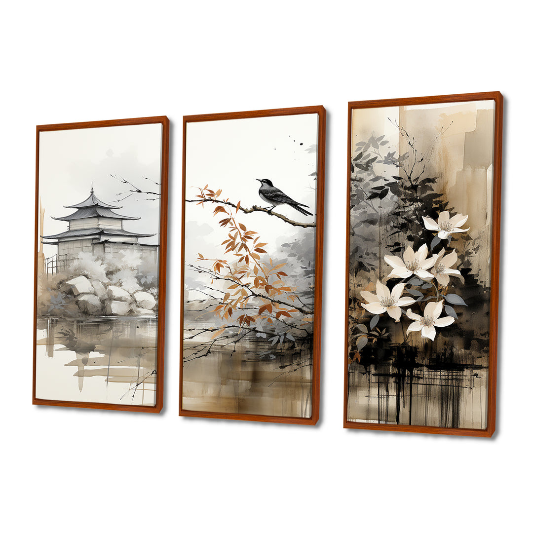 Asian Art Sumi Bird Serenity I - 3-Piece Canvas Wall Art