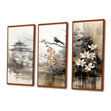 Asian Art Sumi Bird Serenity I - 3-Piece Canvas Wall Art