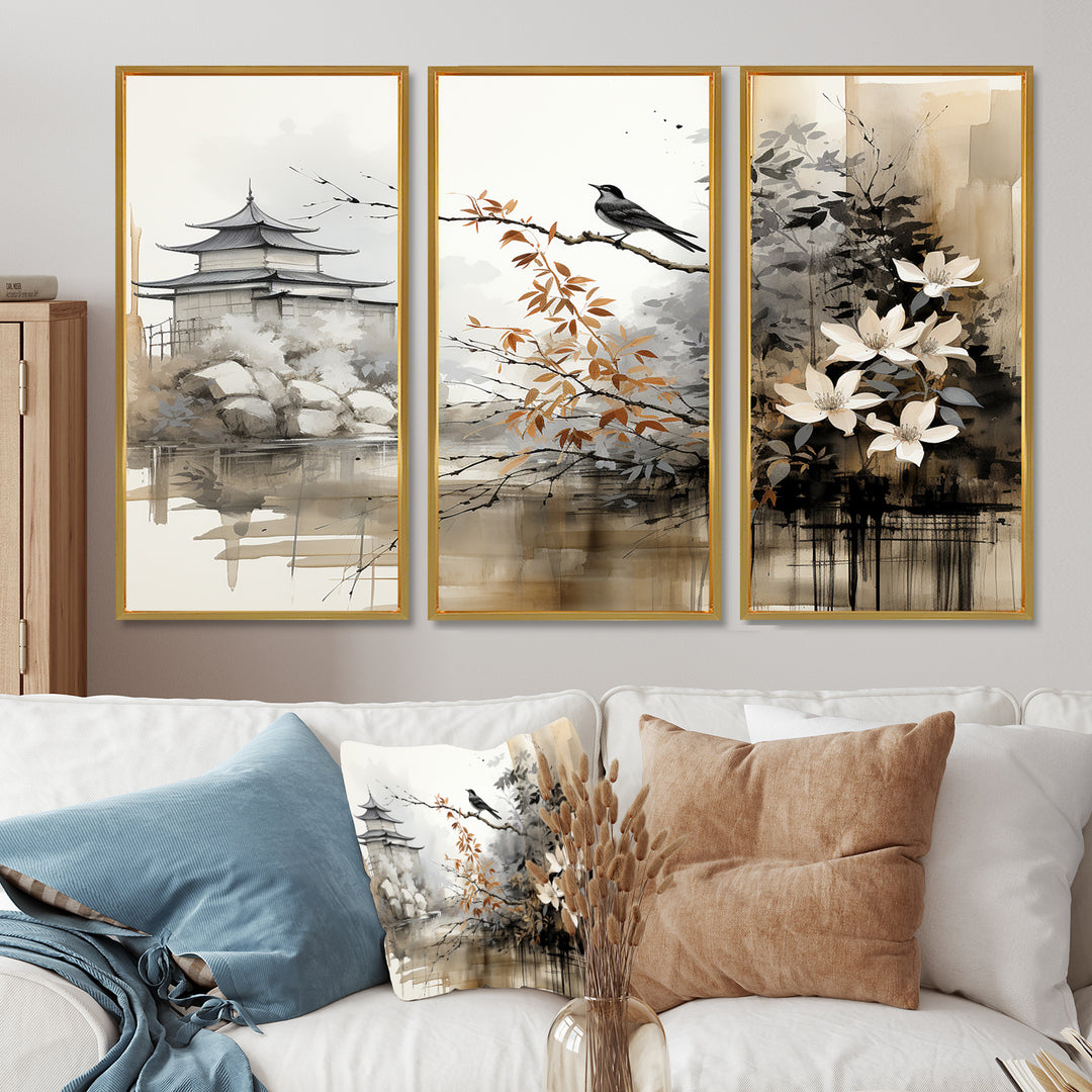 Asian Art Sumi Bird Serenity I - 3-Piece Canvas Wall Art