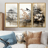 Asian Art Sumi Bird Serenity I - 3-Piece Canvas Wall Art