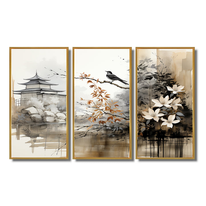 Asian Art Sumi Bird Serenity I - 3-Piece Canvas Wall Art