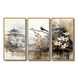 Asian Art Sumi Bird Serenity I - 3-Piece Canvas Wall Art