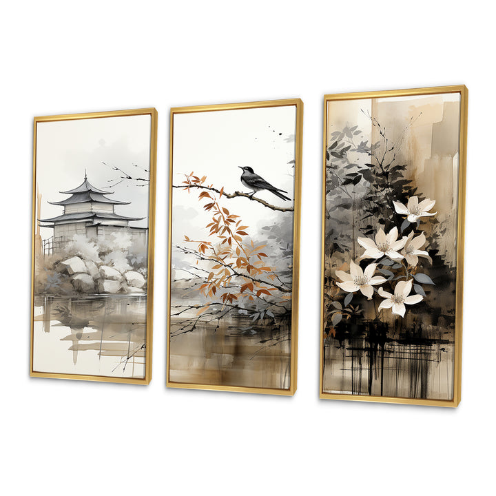 Asian Art Sumi Bird Serenity I - 3-Piece Canvas Wall Art
