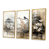 Asian Art Sumi Bird Serenity I - 3-Piece Canvas Wall Art