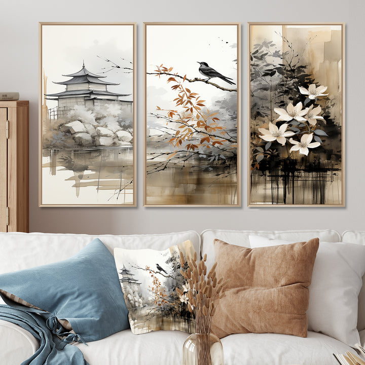 Asian Art Sumi Bird Serenity I - 3-Piece Canvas Wall Art