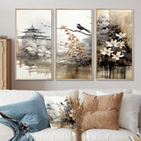 Asian Art Sumi Bird Serenity I - 3-Piece Canvas Wall Art