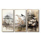 Asian Art Sumi Bird Serenity I - 3-Piece Canvas Wall Art