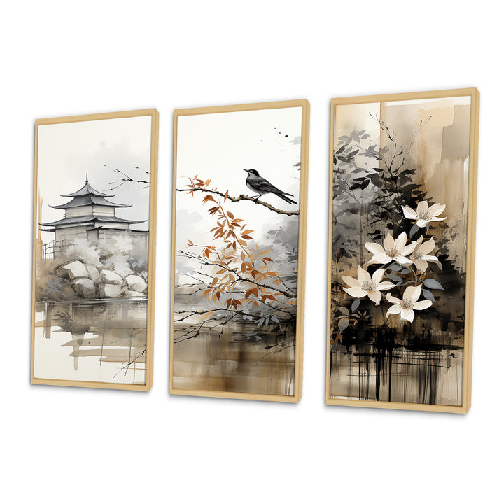 Asian Art Sumi Bird Serenity I - 3-Piece Canvas Wall Art