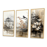 Asian Art Sumi Bird Serenity I - 3-Piece Canvas Wall Art
