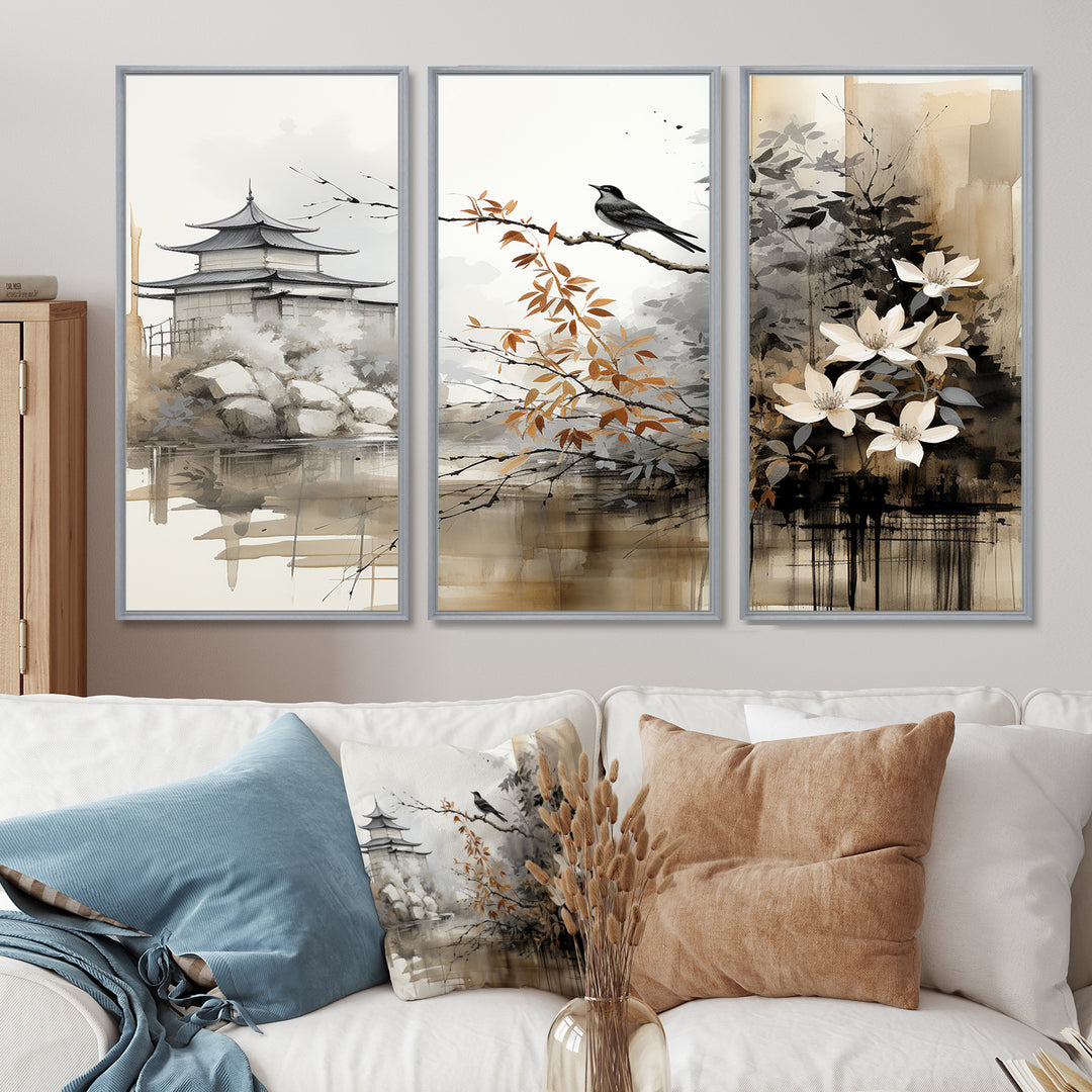Asian Art Sumi Bird Serenity I - 3-Piece Canvas Wall Art