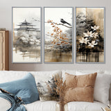 Asian Art Sumi Bird Serenity I - 3-Piece Canvas Wall Art