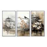 Asian Art Sumi Bird Serenity I - 3-Piece Canvas Wall Art