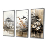 Asian Art Sumi Bird Serenity I - 3-Piece Canvas Wall Art