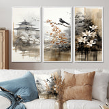 Asian Art Sumi Bird Serenity I - 3-Piece Canvas Wall Art