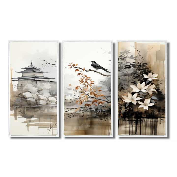 Asian Art Sumi Bird Serenity I - 3-Piece Canvas Wall Art