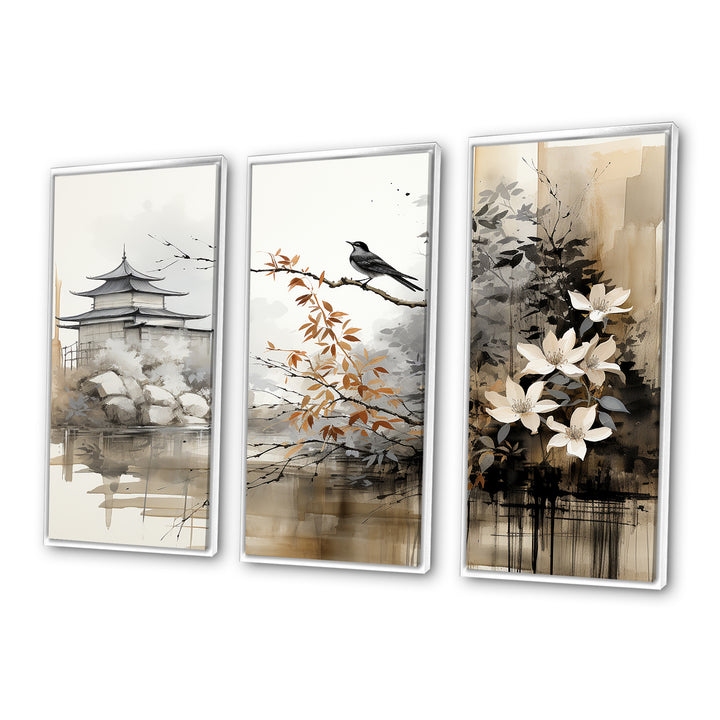 Asian Art Sumi Bird Serenity I - 3-Piece Canvas Wall Art