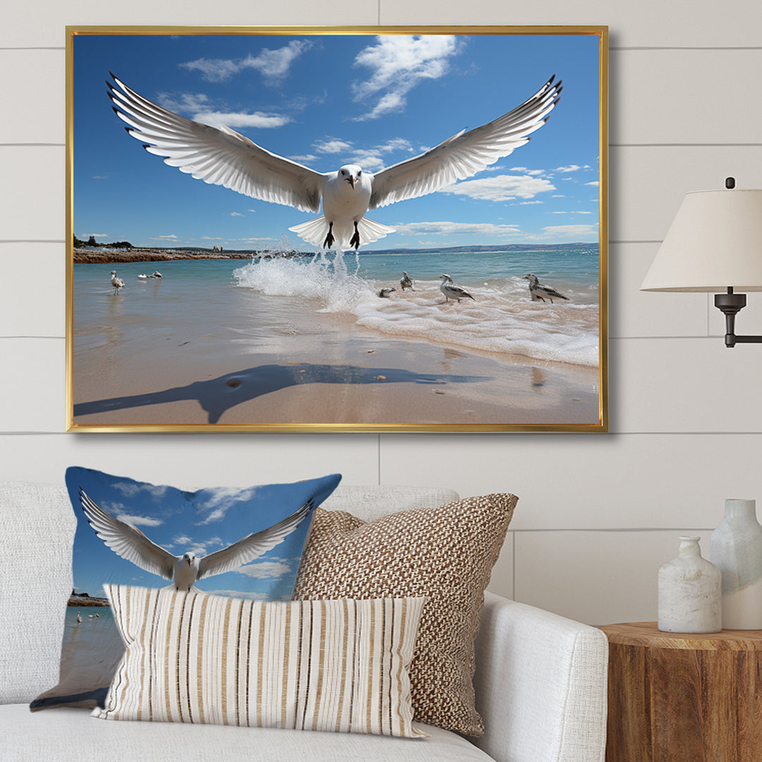 Blue Seagulls In Flight At Beach - Seagull Living Room Wall Art
