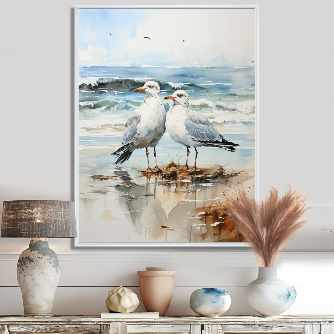 Abstract Beach Seagulls In Love - Seagull Framed Canvas Art