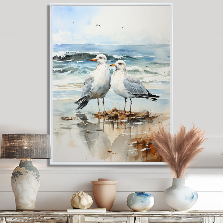 Abstract Beach Seagulls In Love - Seagull Framed Canvas Art