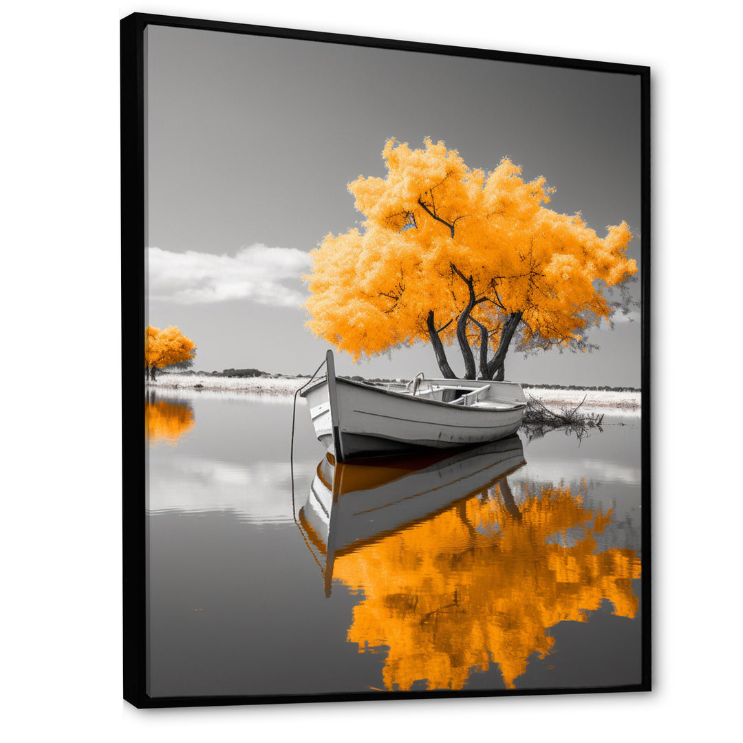 Monochrome Yellow Boat Reflections I - Boat Canvas Wall Art