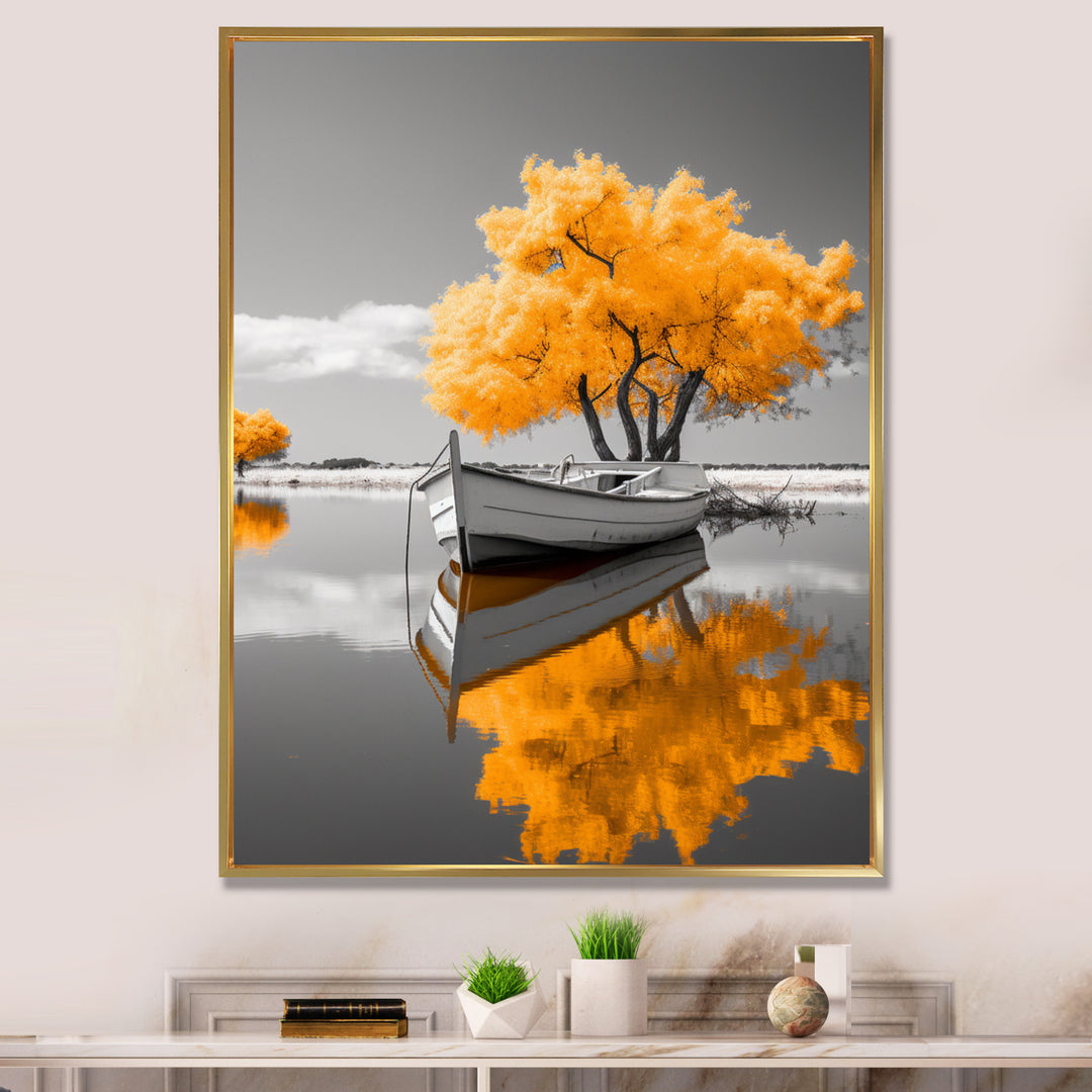 Monochrome Yellow Boat Reflections I - Boat Canvas Wall Art