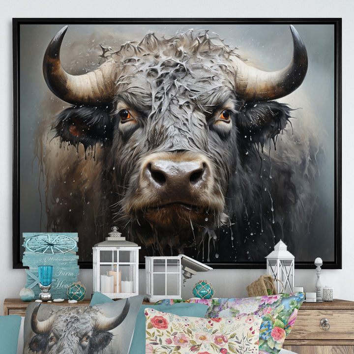 Brown Buffalo Whispering Whiskers Pointillism - Buffalo Canvas Wall Art
