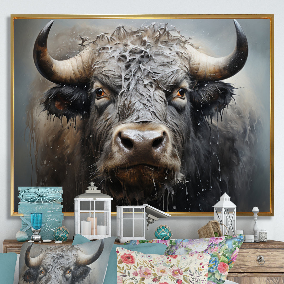 Brown Buffalo Whispering Whiskers Pointillism - Buffalo Canvas Wall Art