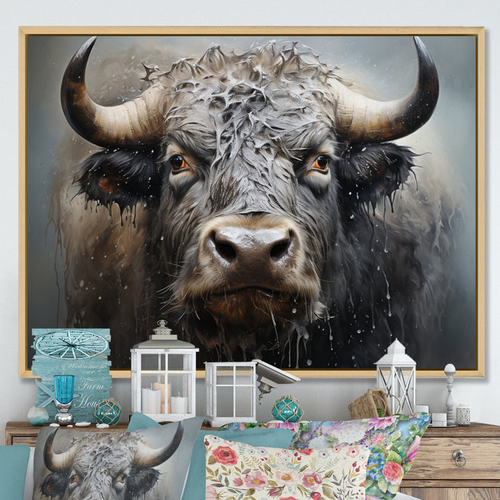 Brown Buffalo Whispering Whiskers Pointillism - Buffalo Canvas Wall Art