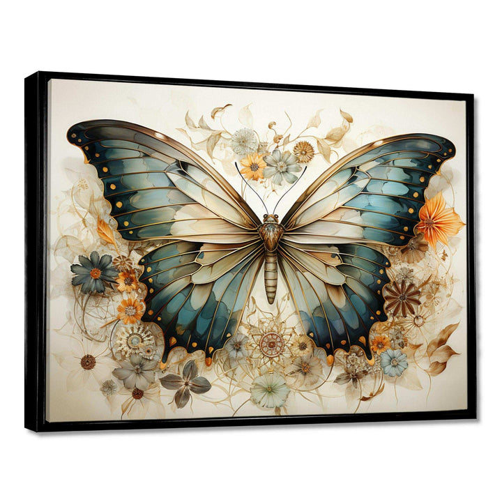Teal Beige Butterfly Intricate Patterns - Animals Canvas Wall Art