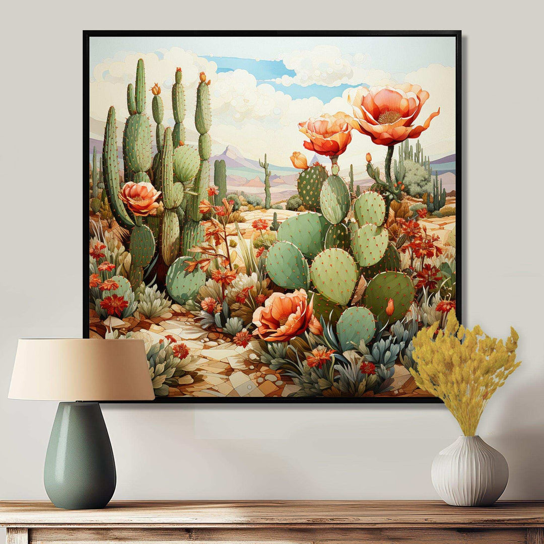 Coral Green Cactus Desert Blooms Pointillism III - Floral Canvas Wall Art