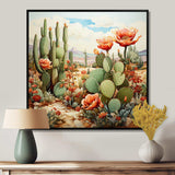 Coral Green Cactus Desert Blooms Pointillism III - Floral Canvas Wall Art