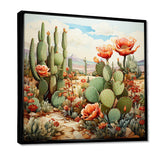 Coral Green Cactus Desert Blooms Pointillism III - Floral Canvas Wall Art