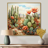 Coral Green Cactus Desert Blooms Pointillism III - Floral Canvas Wall Art