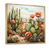 Coral Green Cactus Desert Blooms Pointillism III - Floral Canvas Wall Art