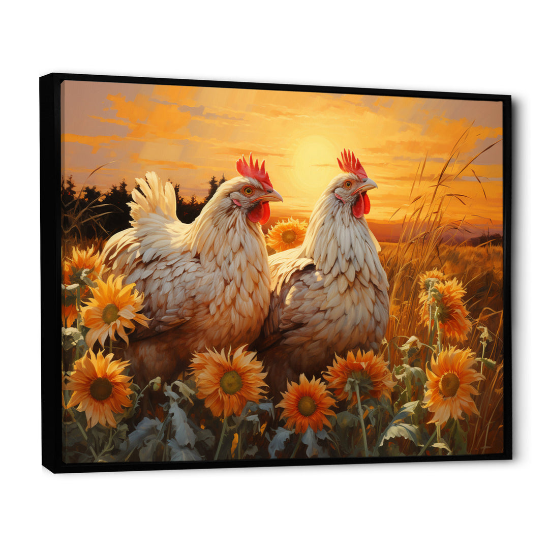 Loving Chicken At Sunset - Chicken Large Canvas Wall Art