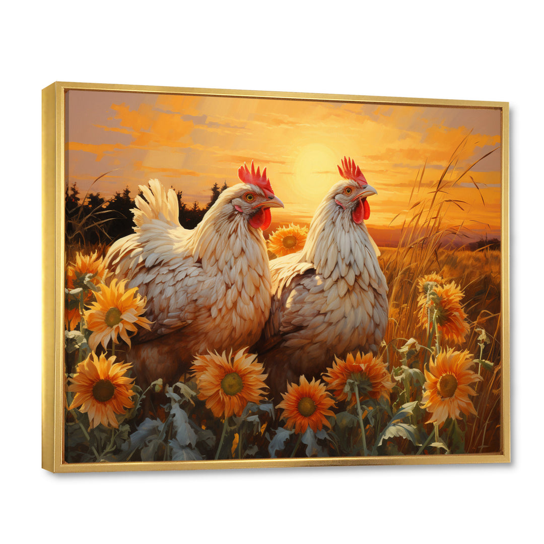 Loving Chicken At Sunset - Chicken Large Canvas Wall Art
