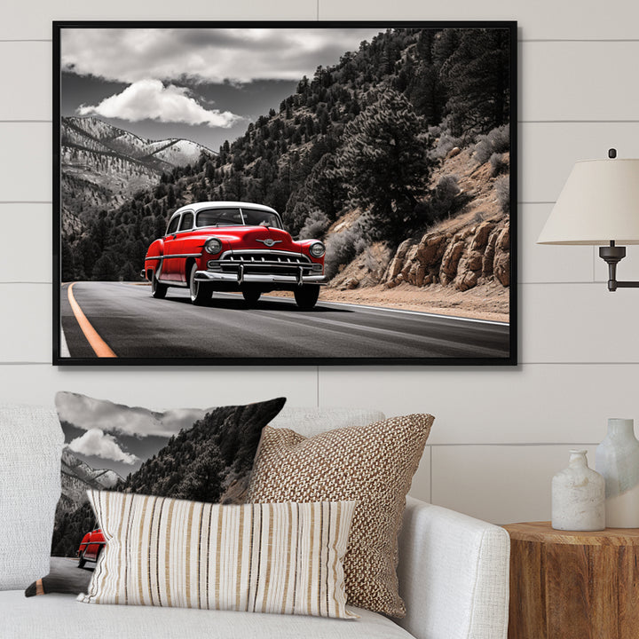 Red Classic Car Vintage Drive - Car Vintage Canvas Wall Art