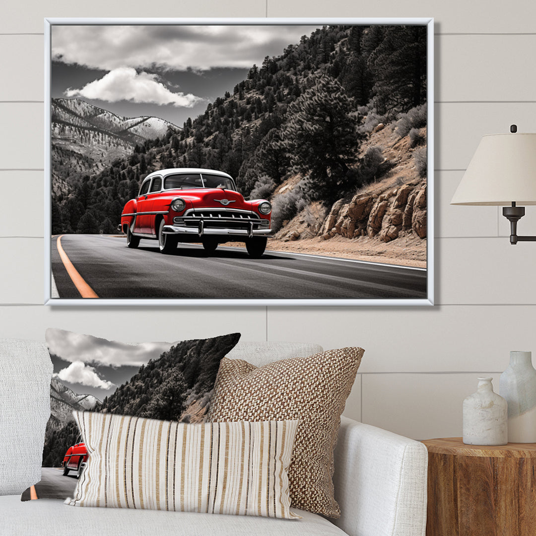 Red Classic Car Vintage Drive - Car Vintage Canvas Wall Art