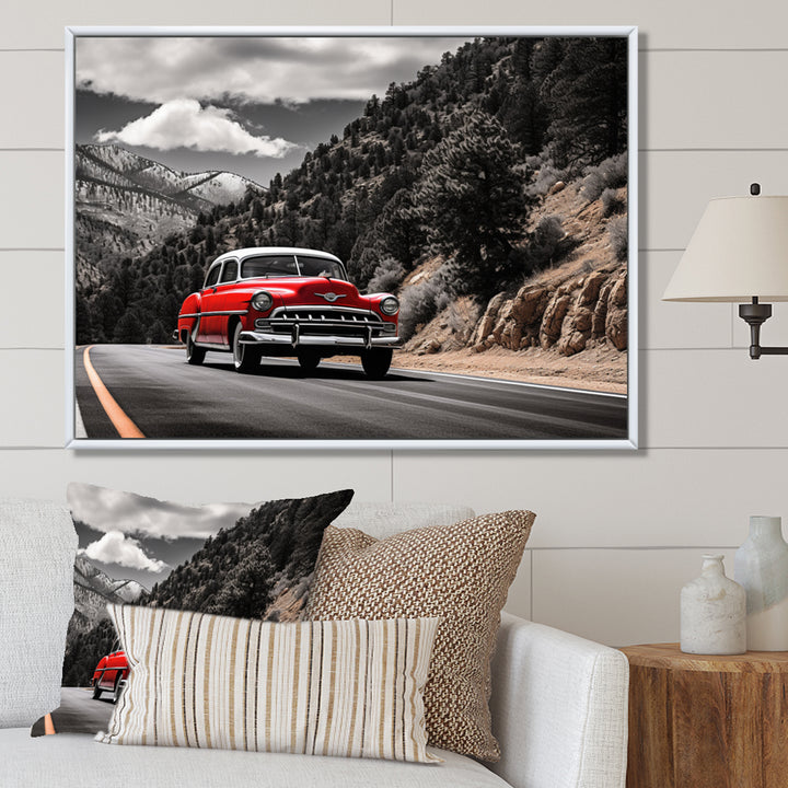Red Classic Car Vintage Drive - Car Vintage Canvas Wall Art