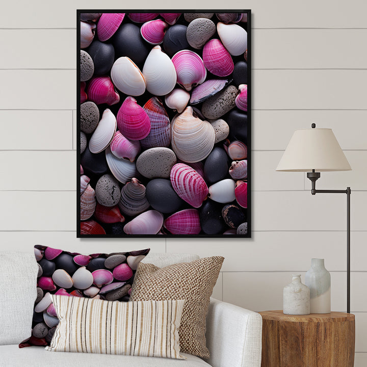 Pink Grey Pink White Shells Seashore Collage - Seashell Wall Art Prints