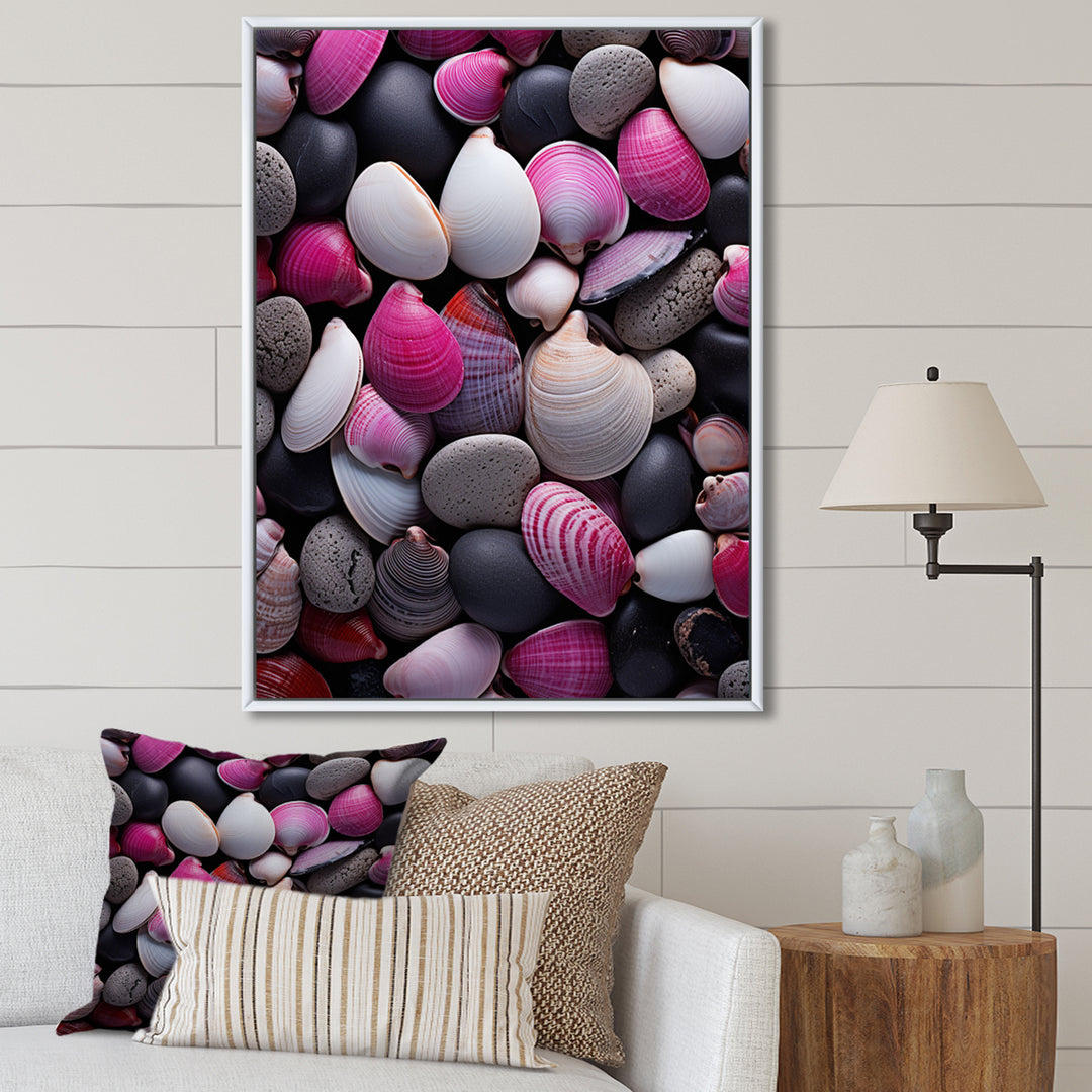Pink Grey Pink White Shells Seashore Collage - Seashell Wall Art Prints