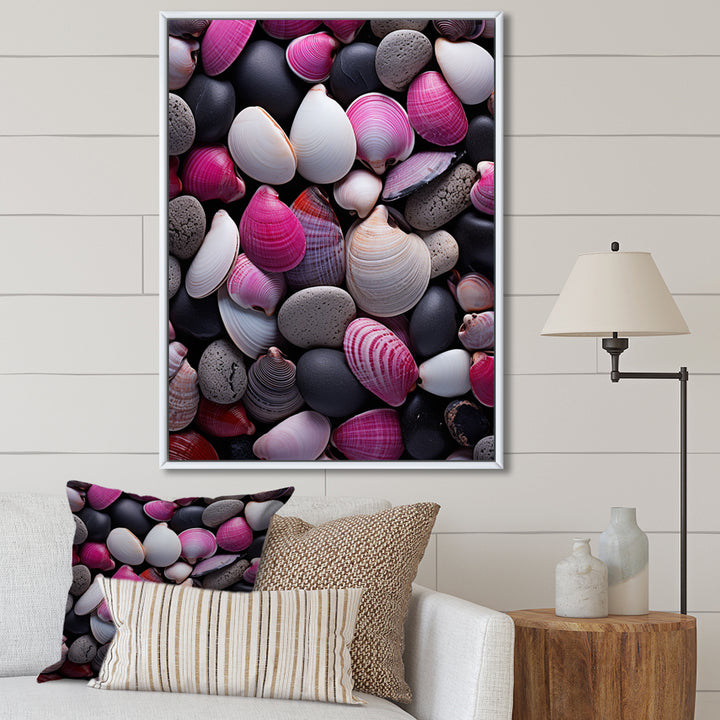 Pink Grey Pink White Shells Seashore Collage - Seashell Wall Art Prints