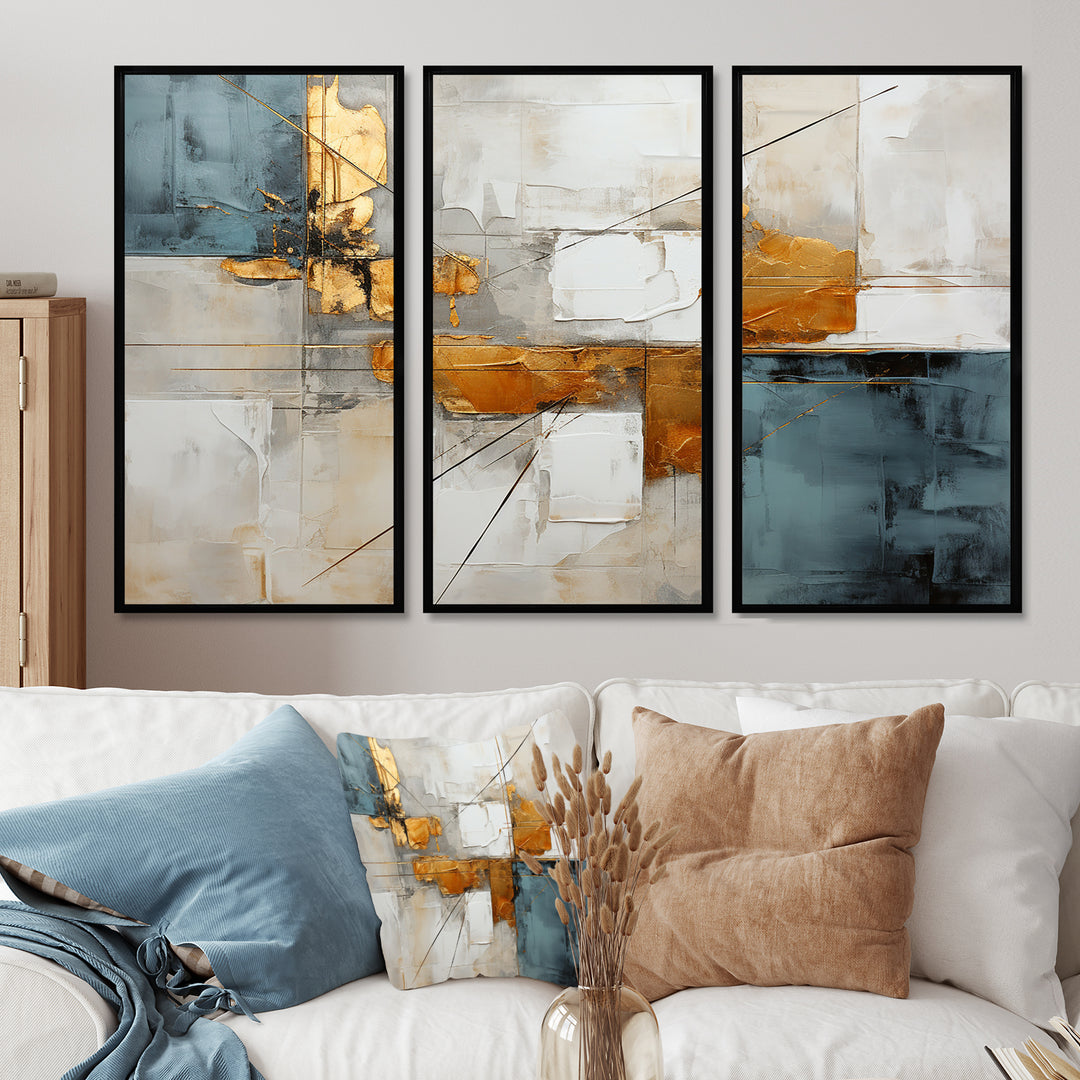 Gold Grey Gleaming Geometry IV - Canvas Multipanels Set of 3