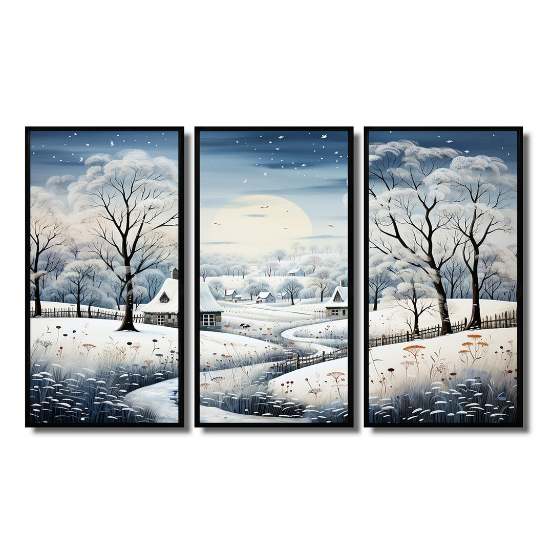 Countryside Snowy Minimalism Winter V - 3-Piece Canvas Wall Art