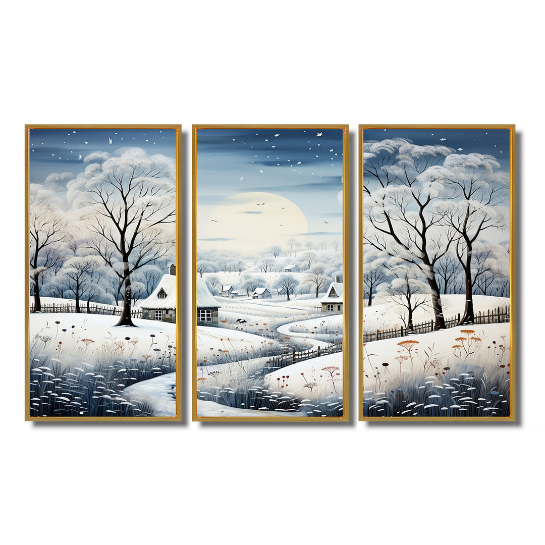 Countryside Snowy Minimalism Winter V - 3-Piece Canvas Wall Art
