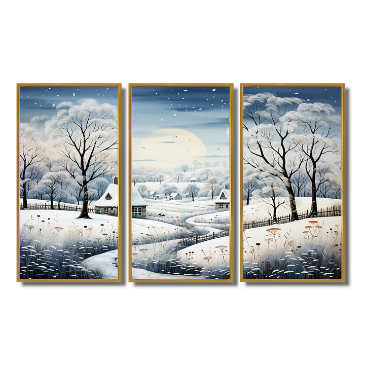 Countryside Snowy Minimalism Winter V - 3-Piece Canvas Wall Art