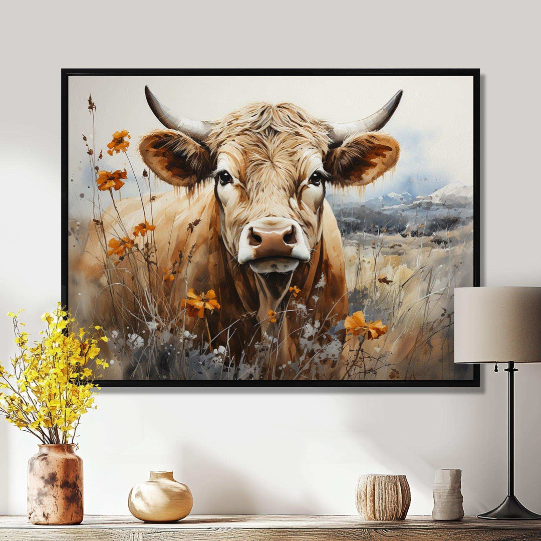 Cow In The Meadow III - Animals Canvas Wall Art